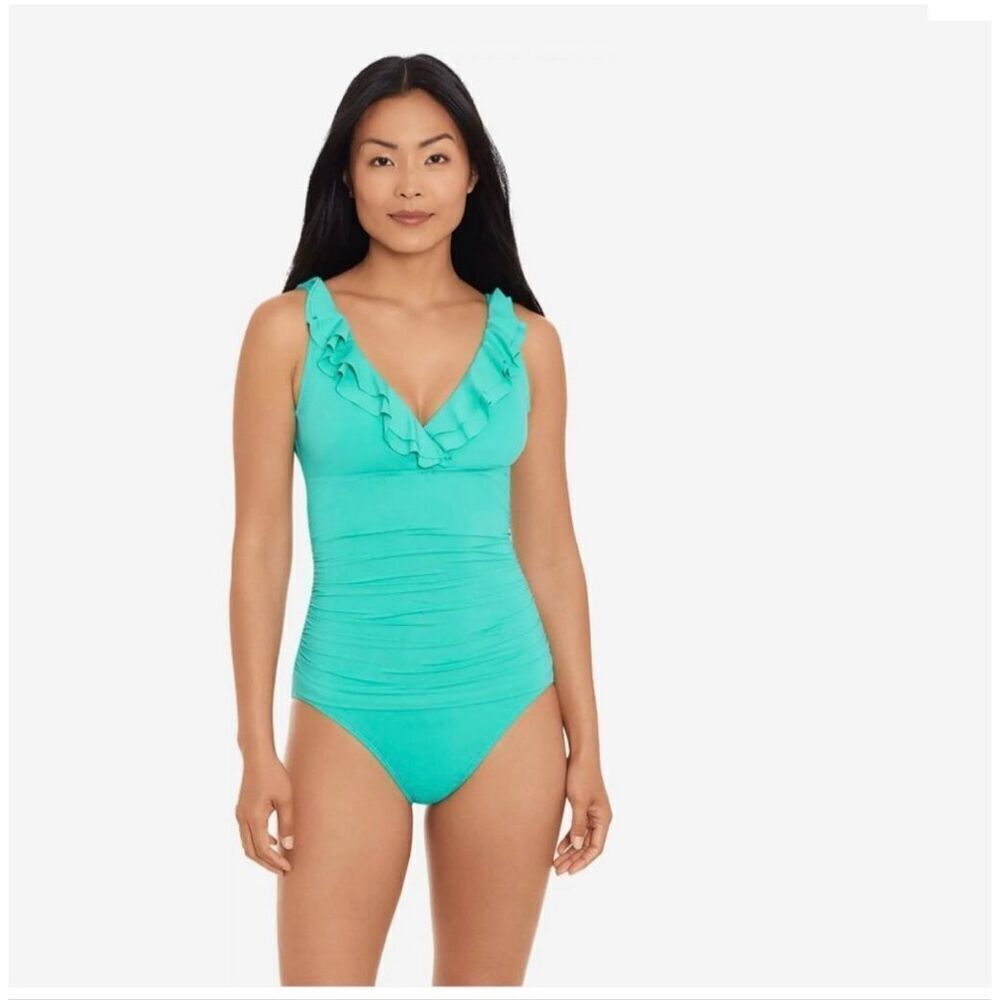 Ralph Lauren Women's Size 8 Ruffle Neck One Piece Swimsuit Solid Teal Blue Beach